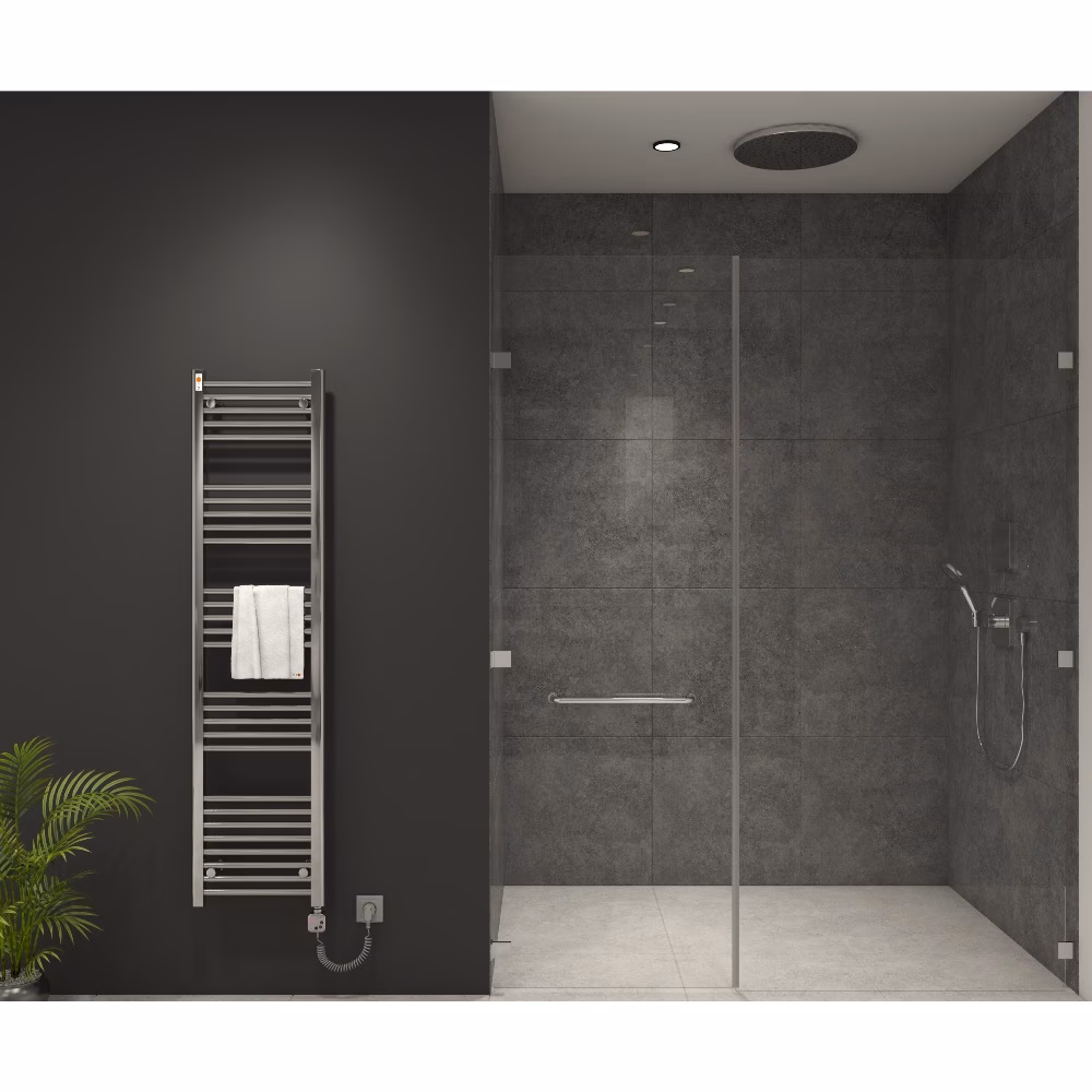 MERT elektrische badkamerradiator, verchroomd, recht, 400x1600 mm met MERT KMX1 regelaar en 400 watt verwarmingselement, van het merk Mert MERT elektrische badkamerradiator met KMX1-regelaar, chroom, uit de categorie elektrische radiatoren met artikelnummer E3-60x160+KMX1-400W