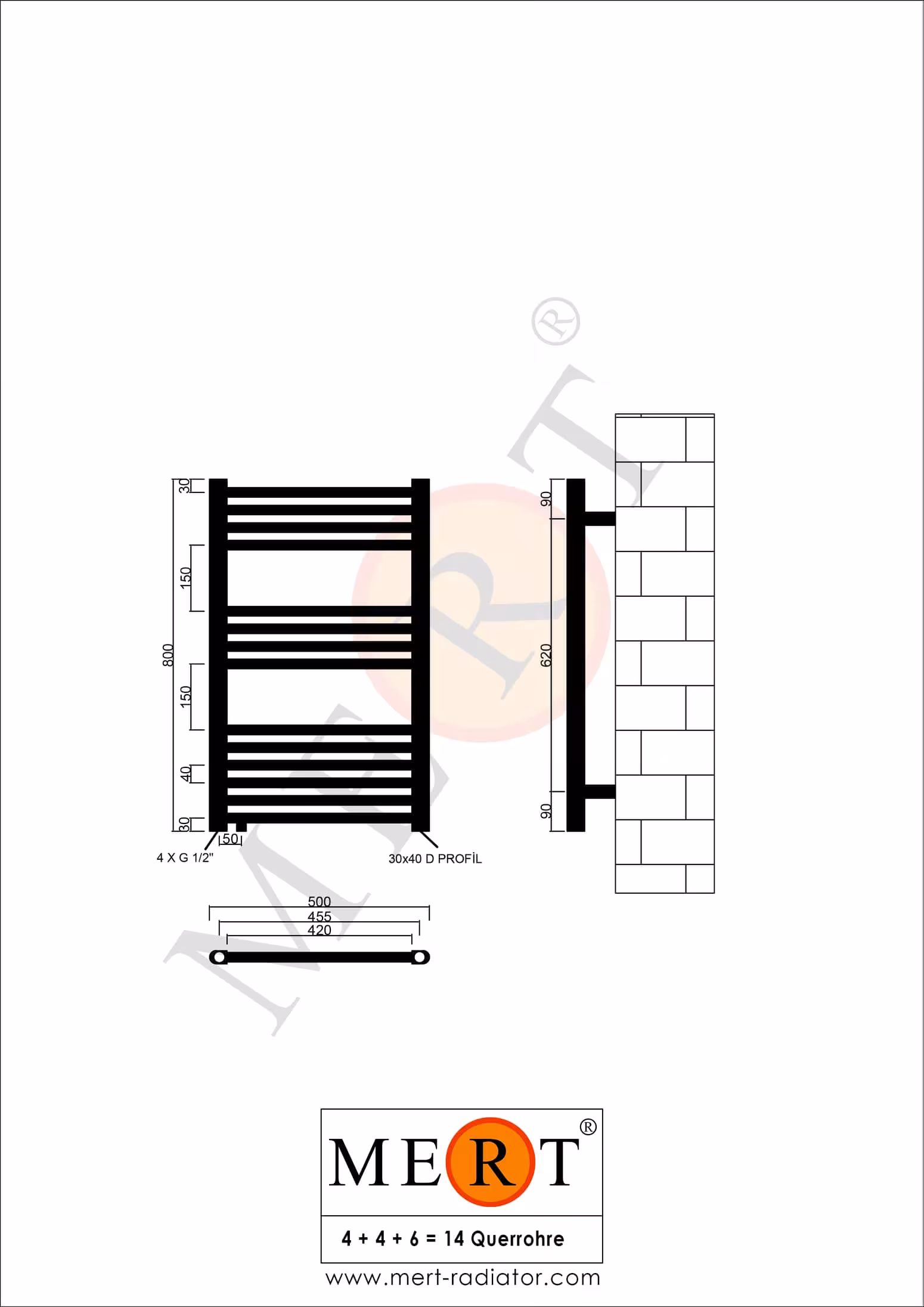 MERT vervangende badkamerradiator wit recht, 500*800 mm, offset middenaansluiting links of rechtsonder van MERT met het artikelnummer. 1-50x080-AU-50