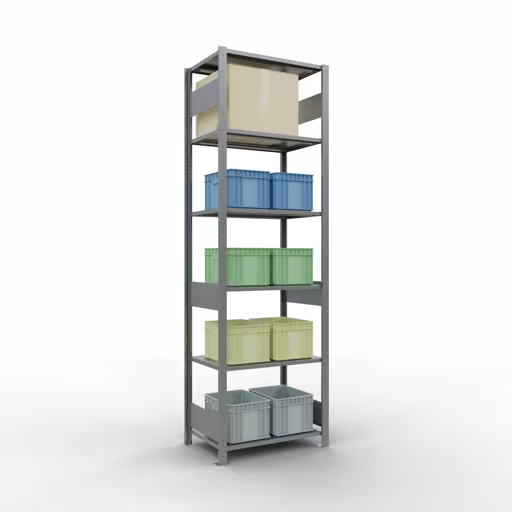 Basisplank, legplank, insteeksysteem MULTIplus150, 2500 x 750 x 500 mm (HxBxD), 6 legborden, lengtestangen, verzinkt met GTIN 4004514254658 Basisplank, legbord, insteeksysteem MULTIplus150, 2500 x 750 x 500 mm, 6 legborden, verzinkt van Schulte Lagertechnik met het artikelnr. 12751-75-LR