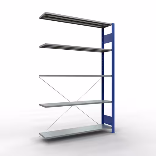 Aanbouwrekken, rekken, insteeksysteem MULTIplus150, 2000 x 1300 x 300 mm (HxBxD), 5 legborden, kruisschoor, RAL 5010 gentiaanblauw/verzinkt, aanbouwplank, art.nr. 12735-130-B