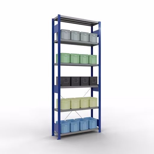 Basisplank, legbord, insteeksysteem MULTIplus250, 2500 x 1000 x 300 mm, 6 legborden, kruisschoor, RAL 5010 gentiaanblauw/verzinkt van Schulte Lagertechnik met artikelnr. 12931-B