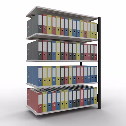 Productafbeelding nr. 13 van het artikel Aanbouwstelling, kantoorstelling, insteeksysteem MULTIplus150, 1800 x 1300 x 600 mm, 5 legborden, lengtestangen, zonder middenaanslag, zwart/lichtgrijs Afbeelding nr. 13 van het artikel, kantoorreksysteem MULTIplus150, 1800 x 1300 x 600 mm, 5 planken, zonder middenaanslag, zwart/lichtgrijs uit de productgroep kantoorrekken van Schulte Lagertechnik