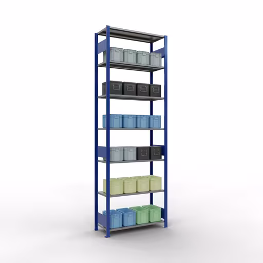 Productafbeelding nr. 14 van het artikel basisrek, legbord, insteeksysteem MULTIplus150, 3000 x 1000 x 400 mm, 7 legborden, RAL 5010 gentiaanblauw/verzinkt uit het insteeksysteem assortiment van Schulte Lagertechnik