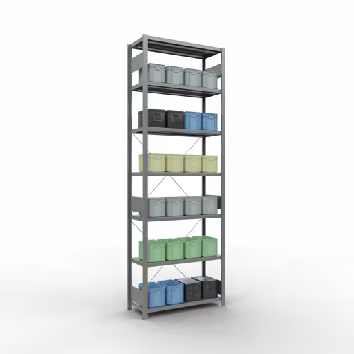 Productafbeelding nr. 12 van het artikel basisplank, legbord, insteeksysteem MULTIplus330, 3000 x 1000 x 400 mm (HxBxD), 7 legborden, kruisschoor, verzinkt Figuur nr. 12 van het artikel basisrek, legplank, insteeksysteem MULTIplus330, 3000 x 1000 x 400 mm, 7 legborden, kruisschoor, verzinkt uit de insteeksysteem productgroep van Schulte Lagertechnik.