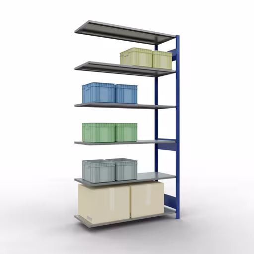 Aanbouwstelling, stellingkast MULTIplus150 insteeksysteem, 2500 x 1300 x 500 mm (HxBxD), 6 legborden, lengtestangen, RAL 5010 gentiaanblauw/verzinkt met de GTIN 4004514280701 Aanbouwrekken, legbordstellingen, insteeksysteem MULTIplus150, 2500 x 1300 x 500 mm, 6 legborden, RAL 5010 gentiaanblauw/verzinkt van Schulte Lagertechnik met artikelnr. 12756-130-LR-B