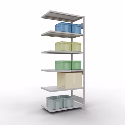 Figuur nr. 15 van het artikel aanbouwrekken, legbordstellingen, insteeksysteem MULTIplus330, 2500 x 1000 x 600 mm, 6 legborden, lengtestangen, RAL 7035 lichtgrijs uit de insteeksysteem productgroep van Schulte Lagertechnik.