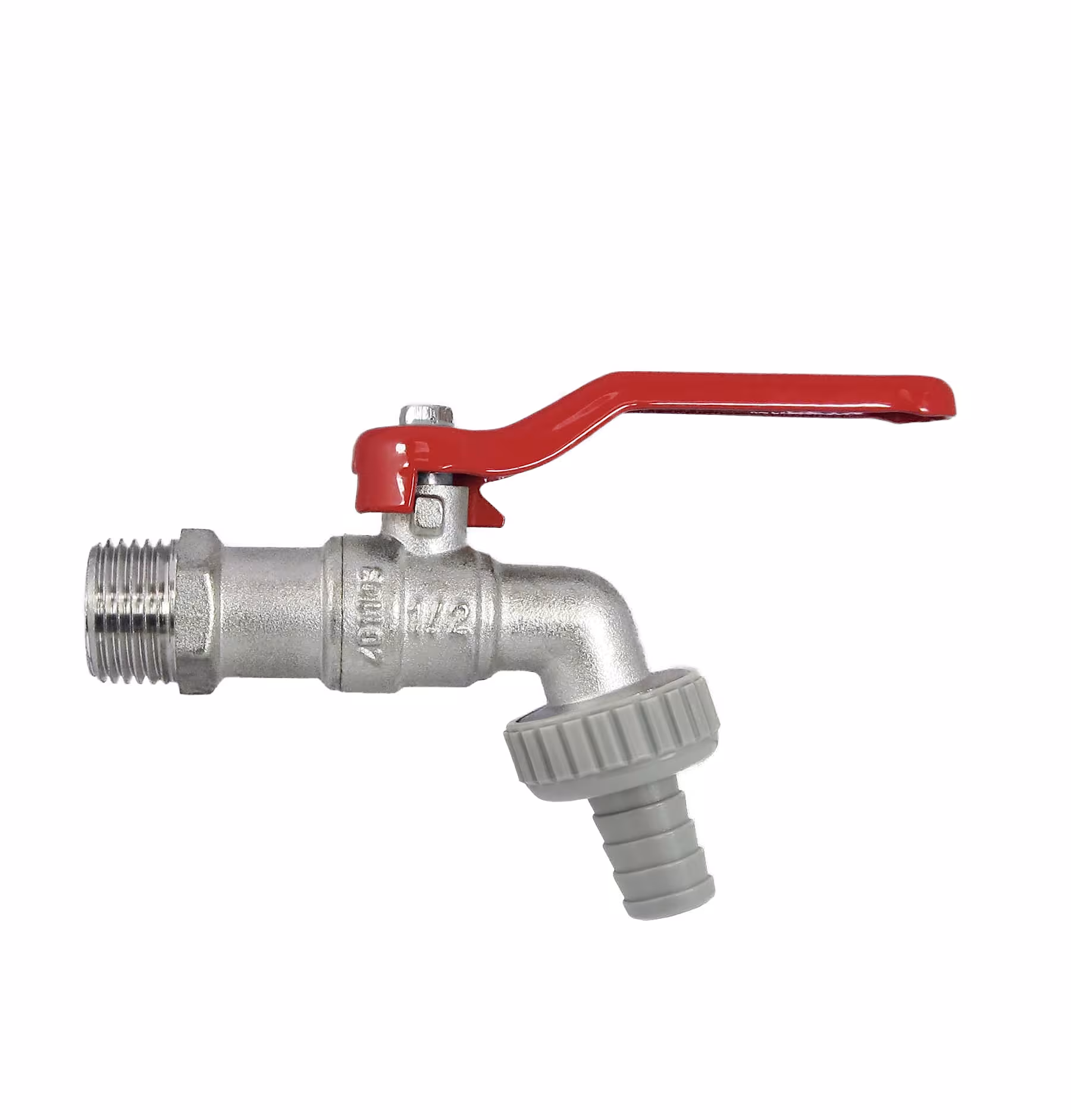 Verchroomde uitlaatkogelkraan 1" met rode hendel - metalen slangtule 1 1/4" x 1" voor tuinslang of apparaataansluitslang van Puteus Kogeluitlaatkranen, kogelkranen & afsluiters, artikelnr. 53073-F