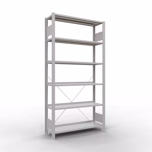 Basisplank, kantoorrek, insteeksysteem MULTIplus85, 2000 x 1000 x 300 mm (HxBxD), 6 planken, dwarsschoor, met stoplijst, lichtgrijs, insteeksysteem, art.nr. 36007