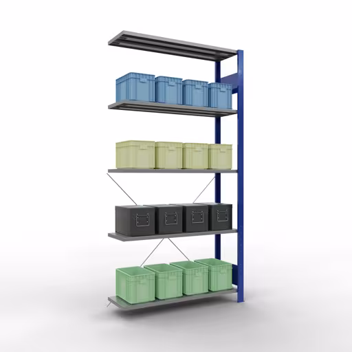 Andere weergave van het artikel Aanbouwrekken, legbordstellingen, insteeksysteem MULTIplus150, 2000 x 1000 x 300 mm (HxBxD), 5 legborden, kruisschoor, RAL 5010/verzinkt Andere weergave van het artikel Aanbouwplank, legbord, insteeksysteem MULTIplus150, 2000 x 1000 x 300 mm, 5 legborden, RAL 5010/verzinkt uit de categorie insteeksysteem