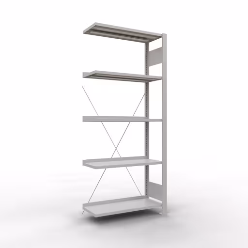Aanbouwstelling, kantoorstelling, insteeksysteem MULTIplus85, 1800 x 750 x 300 mm (HxBxD), 5 legborden, kruisschoor, met aanslaglijst, lichtgrijs, insteeksysteem, art.nr. 36003