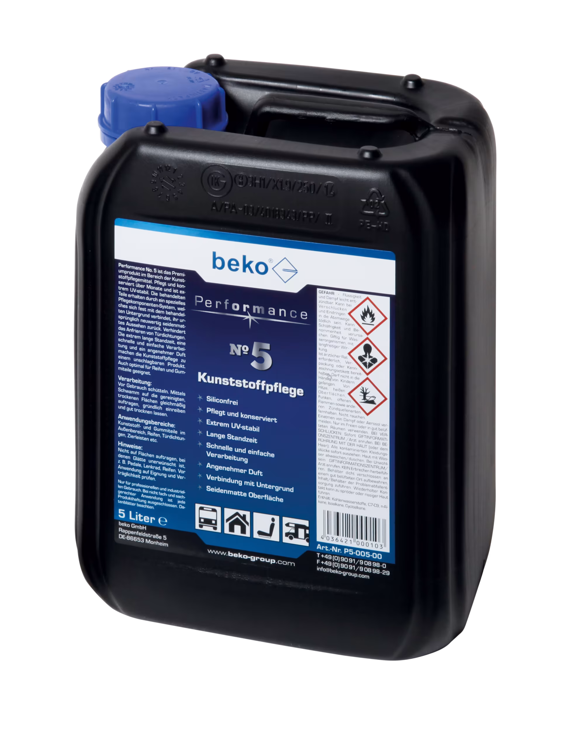 Prestatie nr. 5 kunststof verzorgingsbussen van 5 liter van Beko Prestatie nr. 5 kunststof onderhoudsbussen van 5 l uit de categorie voertuigonderhoudsproducten met artikelnr. P5-005-00