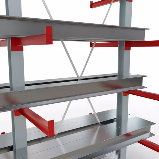 Productafbeelding nr. 11 van artikel K 3000 complete plank, dubbelzijdig, 2500 x 1300 x 600 mm, RAL 7001 / RAL 3000, 5 opslagniveaus Afbeelding nr. 11 van artikel K 3000 complete stelling, dubbelzijdig, 2500 x 1300 x 600 mm, RAL 7001 / RAL 3000, 5 opslagniveaus uit de productgroep draagarmstellingen van Schulte Lagertechnik