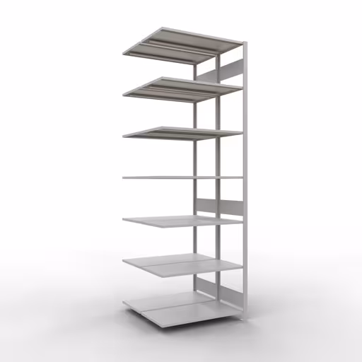 Aanbouwrekken, dubbele rekken, stellingsysteem MULTIplus150, 3000 x 1000 x (2x500) mm (HxBxD), 2x7 planken, lengtestangen, RAL 7035 lichtgrijs, dubbele planken, art.nr. 33157