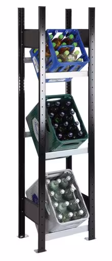 Basisplank, krattenrek 1800 x 400 x 300 mm, zwart/zilver, 3 niveaus voor 3 kratten uit de categorie drankenopslag met de GTIN 4004514244871 Basisrek, krattenrek 1800 x 400 x 300 mm, zwart/zilver, 3 niveaus voor 3 drankkratten van Schulte Lagertechnik uit het assortiment schapplanken