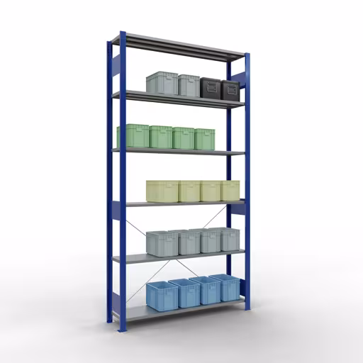 Extra afbeelding van het artikel Basisplank, legbord, insteeksysteem MULTIplus150, 2500 x 1300 x 300 mm (HxBxD), 6 legborden, kruisschoor, RAL 5010 gentiaanblauw/verzinkt Extra afbeelding van het artikel basisplank, legplank, insteeksysteem MULTIplus150, 2500 x 1300 x 300 mm, 6 legborden, RAL 5010 gentiaanblauw/verzinkt vanaf basisplank