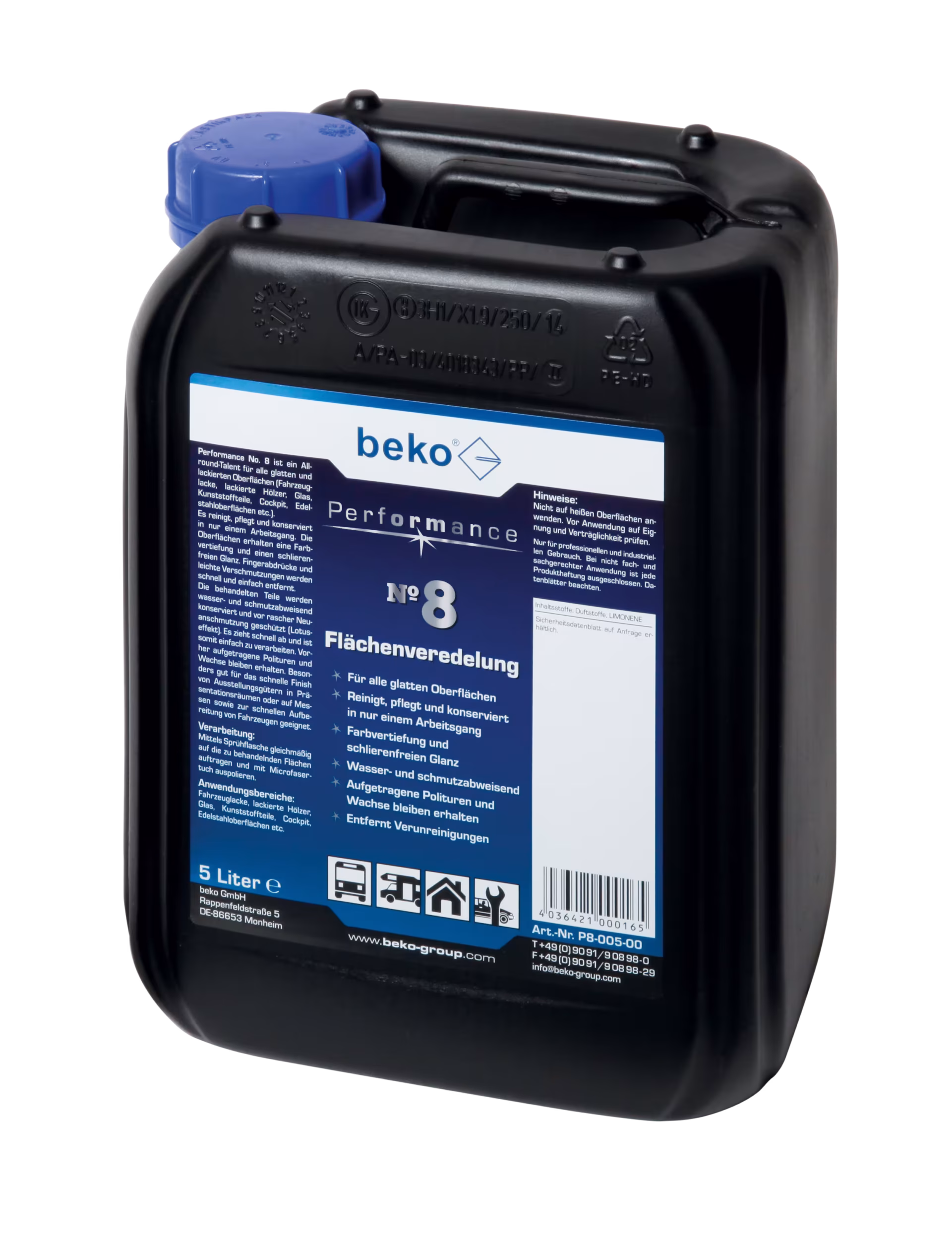Prestatie nr. 8 oppervlakteafwerking 5 liter jerrycans van Beko Prestatie nr. 8 oppervlakteveredeling 5 l jerrycans uit de categorie voertuigonderhoudsproducten met artikelnr. P8-005-00