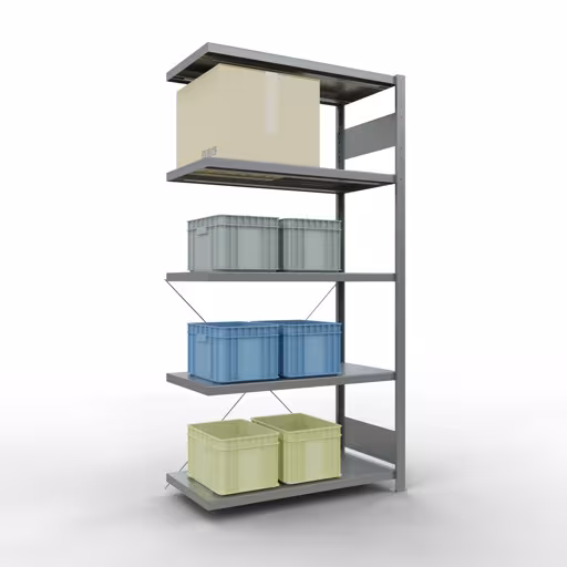 Figuur nr. 13 van het artikel aanbouwrekken, legbordstellingen, insteeksysteem MULTIplus330, 2000 x 1000 x 500 mm, 5 legborden, kruisschoor, verzinkt uit de productgroep insteeksysteem van Schulte Lagertechnik.