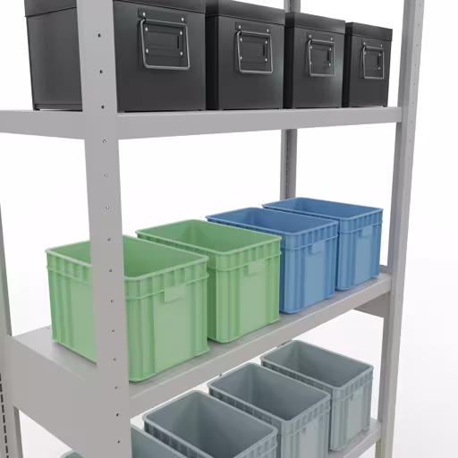 Productafbeelding nr. 15 van het artikel basisplank, plankplank, insteeksysteem MULTIplus330, 2500 x 1000 x 400 mm, 6 planken, kruisschoor, RAL 7035 lichtgrijs Figuur nr. 15 van het artikel basisplank, legbord, insteeksysteem MULTIplus330, 2500 x 1000 x 400 mm, 6 legborden, kruisschoor, RAL 7035 lichtgrijs uit de productgroep insteeksysteem van Schulte Lagertechnik.