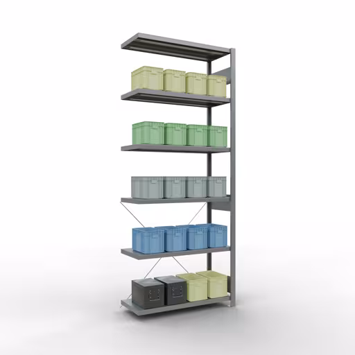 Productafbeelding nr. 15 van het artikel aanbouwrekken, legbordstellingen, insteeksysteem MULTIplus250, 2500 x 1000 x 400 mm, 6 legborden, kruisschoor, verzinkt uit het assortiment insteeksysteem van het merk Schulte Lagertechnik