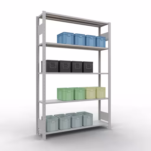 Basisplank, legplank, insteeksysteem MULTIplus150, 2000 x 1300 x 300 mm (HxBxD), 5 legborden, lengtestangen, RAL 7035 lichtgrijs met de GTIN 4004514292513 Basisplank, plankplank, insteeksysteem MULTIplus150, 2000 x 1300 x 300 mm, 5 planken, lengtestangen, RAL 7035 lichtgrijs van Schulte Lagertechnik met het artikelnr. 32630-130-LR