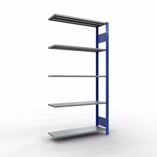 Aanbouwrekken, rekken, insteeksysteem MULTIplus85, 2000 x 1000 x 300 mm (HxBxD), 5 planken, lengtestangen, RAL 5010 gentiaanblauw van Schulte Lagertechnik Aanbouwrekken, rekken, insteeksysteem MULTIplus85, 2000 x 1000 x 300 mm (HxBxD), 5 legborden, lengtebalk, RAL 5010 gentiaanblauw, aanbouwplank, art.nr. 13135-LR-B