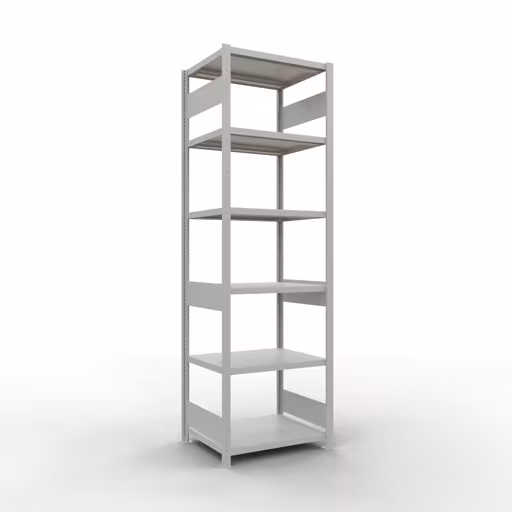 Basisplank, legbord, insteeksysteem MULTIplus250, 2500 x 750 x 600 mm (HxBxD), 6 legborden, lengtestangen, RAL 7035 lichtgrijs, basisplank, art.nr. 32861-75-LR