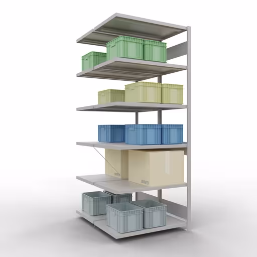 Productafbeelding nr.6 van het artikel aanbouwplank, dubbele plank, rekkensysteem MULTIplus250, 2500 x 1000 x (2x600) mm, 2x6 planken, kruisschoor, RAL 7035 lichtgrijs uit het rekkenprogramma van het merk Schulte Lagertechnik