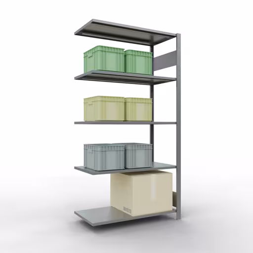 Extra afbeelding bij het artikel Aanbouwstelling, legbordstelling, insteeksysteem MULTIplus150, 2000 x 1000 x 500 mm (HxBxD), 5 legborden, lengtestangen, verzinkt Extra afbeelding van het artikel Aanbouwplank, legplank, insteeksysteem MULTIplus150, 2000 x 1000 x 500 mm, 5 legborden, lengtestangen, verzinkt vanaf opzetplank