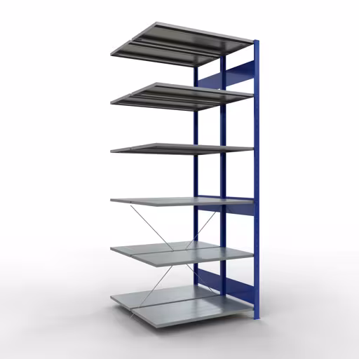 Aanbouwrekken, dubbele rekken, stellingsysteem MULTIplus150, 2500 x 1000 x (2x500) mm (HxBxD), 2x6 planken, kruisschoor, RAL 5010 gentiaanblauw van Schulte Lagertechnik Aanbouwrekken, dubbele rekken, stellingsysteem MULTIplus150, 2500 x 1000 x (2x500) mm (HxBxD), 2x6 legborden, kruisschoor, RAL 5010 gentiaanblauw, dubbele legborden, art.nr. 32756-B