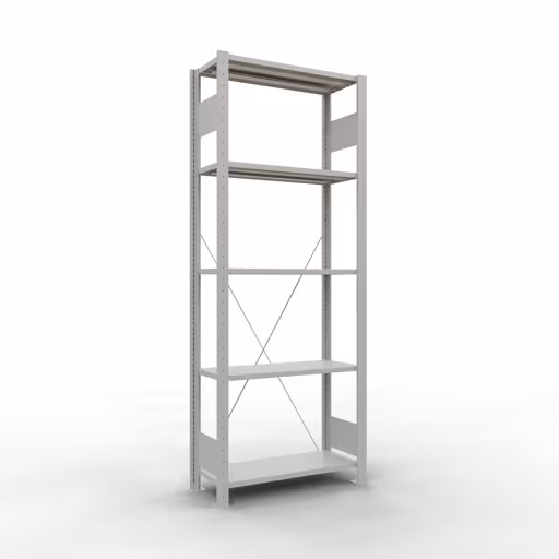 Andere weergave van het artikel basisplank, legbord, insteeksysteem MULTIplus150, 2000 x 750 x 300 mm, 5 legborden, kruisschoor, RAL 7035 lichtgrijs uit de categorie insteeksysteem
