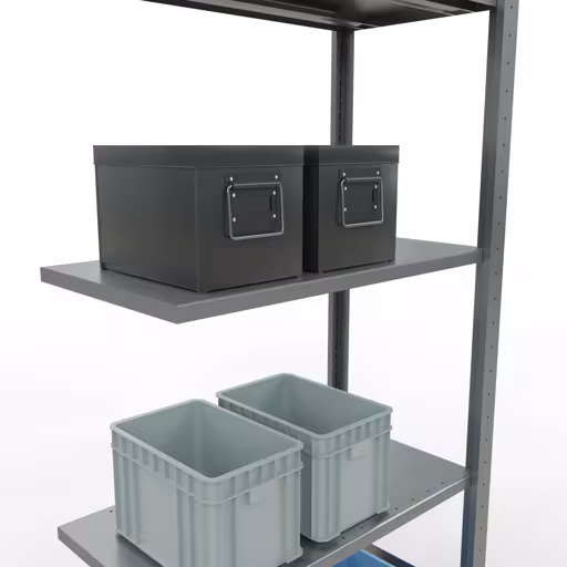 Aanbouwrekken, rekken, insteeksysteem MULTIplus150, 2000 x 750 x 400 mm (HxBxD), 5 legborden, lengtestangen, verzinkt met artikelnr. 12745-75-LR Aanbouwrekken, rekken, insteeksysteem MULTIplus150, 2000 x 750 x 400 mm, 5 planken, verzinkt van Schulte Lagertechnik uit de categorie insteeksystemen