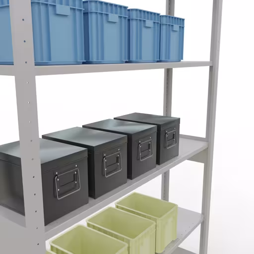 Basisplank, legplank, insteeksysteem MULTIplus150, 2500 x 1300 x 300 mm (HxBxD), 6 legborden, lengtestangen, RAL 7035 lichtgrijs uit de categorie basisplanken met de GTIN 4004514292551 Basisplank, legbord, insteeksysteem MULTIplus150, 2500 x 1300 x 300 mm, 6 legborden, lengtestangen, RAL 7035 lichtgrijs van Schulte Lagertechnik uit het assortiment insteeksysteem