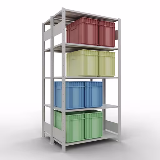 Basisplank, dubbele plank, stellingsysteem MULTIplus150, 2000 x 1000 x (2x400) mm (HxBxD), 2x5 planken, lengtestangen, RAL 7035 lichtgrijs met de GTIN 4004514269911 Basisplank, dubbele plank, plankplank, insteeksysteem MULTIplus150, 2000 x 1000 x (2x400) mm, 2x5 planken, RAL 7035 lichtgrijs van Schulte Lagertechnik met het artikelnr. 33140