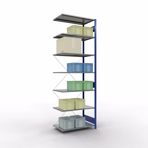 Extra afbeelding van het artikel Aanbouwstelling, stellingstelling, insteeksysteem MULTIplus150, 3000 x 1000 x 600 mm (HxBxD), 7 legborden, kruisschoor, RAL 5010/verzinkt Extra afbeelding van het artikel Aanbouwrek, legbord, insteeksysteem MULTIplus150, 3000 x 1000 x 600 mm, 7 legborden, RAL 5010/verzinkt vanaf opzetrek