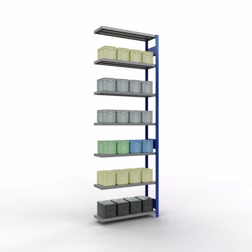 Productafbeelding nr. 14 van het artikel Aanbouwrekken, legbordstellingen, insteeksysteem MULTIplus330, 3000 x 1000 x 300 mm (HxBxD), 7 legborden, lengtestangen, RAL 5010 gentiaanblauw/verzinkt Afbeelding nr. 14 van het artikel aanbouwrekken, legbordstellingen, insteeksysteem MULTIplus330, 3000 x 1000 x 300 mm, 7 legborden, lengtestangen, RAL 5010 gentiaanblauw/verzinkt uit de productgroep insteeksysteem van Schulte Lagertechnik.