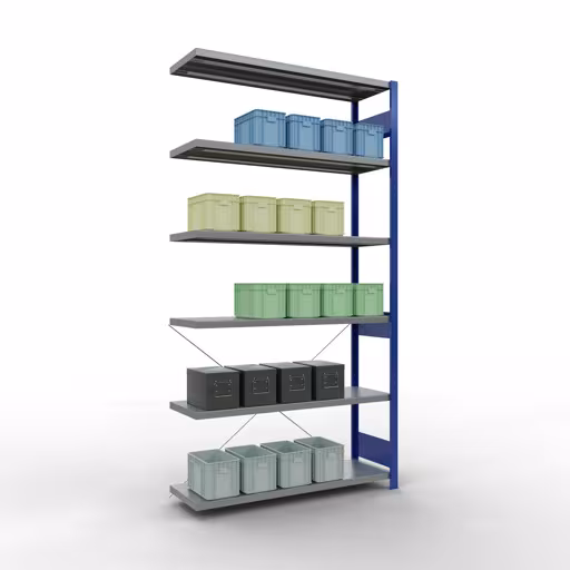 Productafbeelding nr. 15 van het artikel Aanbouwrekken, legbordstellingen, insteeksysteem MULTIplus250, 2500 x 1300 x 400 mm (HxBxD), 6 legborden, kruisschoor, RAL 5010 gentiaanblauw/verzinkt Afbeelding nr. 15 van het artikel aanbouwrekken, legbordstellingen, insteeksysteem MULTIplus250, 2500 x 1300 x 400 mm, 6 legborden, kruisschoor, RAL 5010 gentiaanblauw/verzinkt uit de productgroep insteeksysteem van Schulte Lagertechnik.