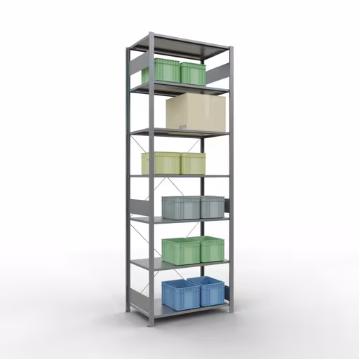 Productafbeelding nr. 13 van het artikel basisplank, legbord, insteeksysteem MULTIplus150, 3000 x 1000 x 600 mm (HxBxD), 7 legborden, kruisschoor, verzinkt Figuur nr. 13 van het artikel basisrek, legplank-insteeksysteem MULTIplus150, 3000 x 1000 x 600 mm, 7 legborden, verzinkt uit de productgroep insteeksysteem van het merk Schulte Lagertechnik.