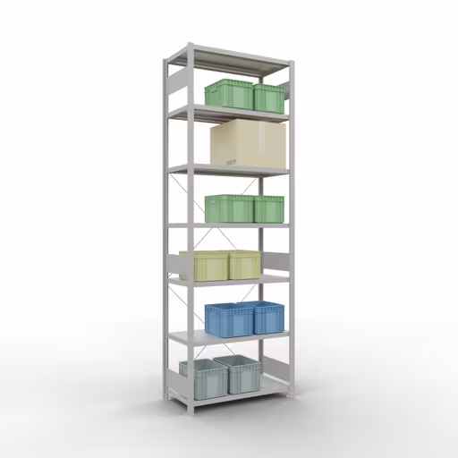 Basisplank, legbord, insteeksysteem MULTIplus250, 3000 x 1000 x 500 mm (HxBxD), 7 legborden, kruisschoor, RAL 7035 lichtgrijs met artikelnr. 32852 Basisplank, legplank, insteeksysteem MULTIplus250, 3000 x 1000 x 500 mm, 7 planken, kruisschoor, RAL 7035 lichtgrijs van Schulte Lagertechnik uit de categorie insteeksysteem