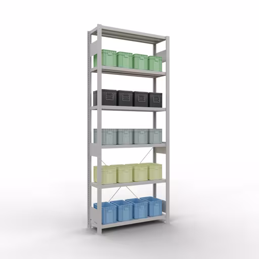 Productafbeelding nr. 13 van het artikel basisplank, legbord, insteeksysteem MULTIplus330, 2500 x 1000 x 300 mm, 6 legborden, kruisschoor, RAL 7035 lichtgrijs Figuur nr. 13 van het artikel basisplank, legbord, insteeksysteem MULTIplus330, 2500 x 1000 x 300 mm, 6 legborden, kruisschoor, RAL 7035 lichtgrijs uit de productgroep insteeksysteem van Schulte Lagertechnik.