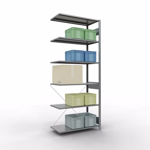 Productafbeelding nr. 12 van het artikel Aanbouwrekken, legbordstellingen, insteeksysteem MULTIplus85, 2500 x 1000 x 500 mm (HxBxD), 6 legborden, kruisschoor, verzinkt Figuur nr. 12 van het artikel aanbouwrekken, legbordstellingen, insteeksysteem MULTIplus85, 2500 x 1000 x 500 mm, 6 legborden, verzinkt uit de productgroep insteeksysteem van het merk Schulte Lagertechnik.