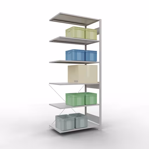 Andere weergave van het artikel Aanbouwplank, hoekplank (veld C) 2500 x 1000 x 600, 6 planken, kruisschoor, RAL 7035 lichtgrijs Andere weergave van het artikel Aanbouwplank, hoekplank (veld C) 2500 x 1000 x 600, 6 planken, kruisschoor, RAL 7035 lichtgrijs uit de categorie plankenplanken