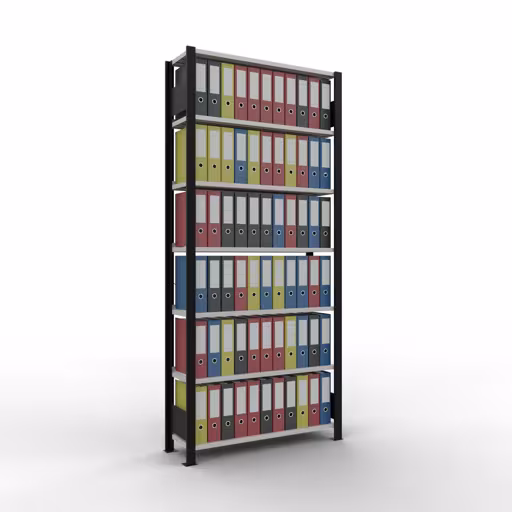 Productafbeelding nr. 12 van het artikel basisplank, kantoorplank, insteeksysteem MULTIplus85, 2300 x 1000 x 300 mm, 7 planken, kruisschoor, met stoplijst, zwart/lichtgrijs Figuur nr. 12 van het artikel Basisplank, kantoorplank MULTIplus85 insteeksysteem, 2300 x 1000 x 300 mm, 7 planken, kruisschoor, met aanslagbalk, zwart/lichtgrijs uit de productgroep Office Shelves van Schulte Lagertechnik.