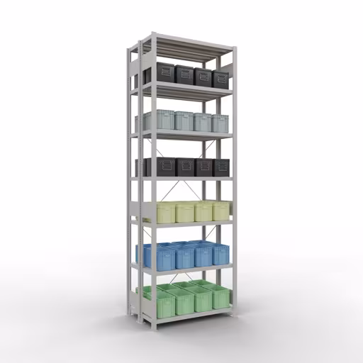 Basisplank, dubbele plank, stellingsysteem MULTIplus250, 3000 x 1000 x (2x300) mm (HxBxD), 2x7 planken, kruisschoor, RAL 7035 lichtgrijs met de GTIN 4058255035427 Basisplank, dubbele plank, rekkensysteem MULTIplus250, 3000 x 1000 x (2x300) mm, 2x7 planken, kruisschoor, RAL 7035 lichtgrijs van Schulte Lagertechnik met het artikelnr. 32132-G