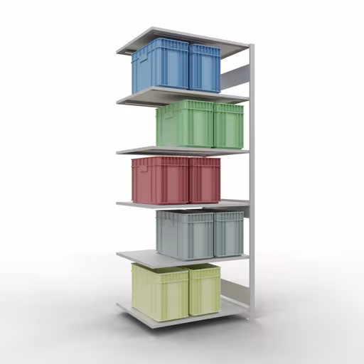 Aanbouwrekken, legborden, insteeksysteem MULTIplus150, 2500 x 1000 x 800 mm (HxBxD), 6 legborden, lengtestangen, RAL 7035 lichtgrijs met de GTIN 4004514293596 Aanbouwrekken, legbordstellingen, insteeksysteem MULTIplus150, 2500 x 1000 x 800 mm, 6 legborden, RAL 7035 lichtgrijs van Schulte Lagertechnik met artikelnr. 32686-LR