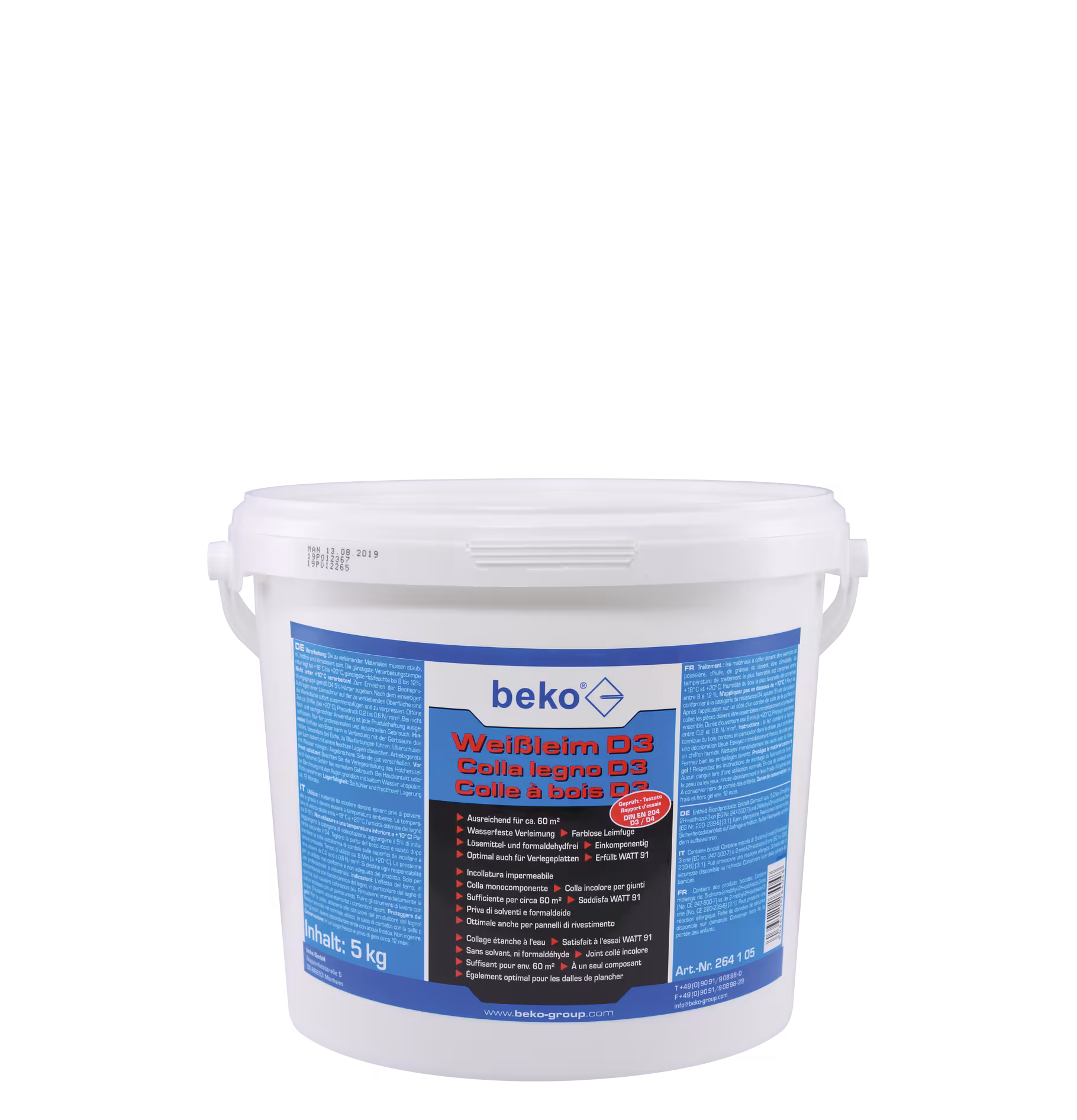 Witte lijm D3 witte 5 kg emmer van Beko Witte lijm D3 witte emmer van 5 kg uit de lijmcategorie met art.nr. 264 1 05