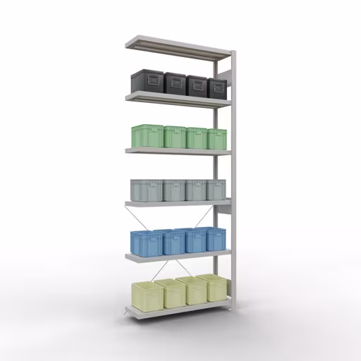 Figuur nr. 13 van het artikel aanbouwrekken, legbordstellingen, insteeksysteem MULTIplus330, 2500 x 1000 x 300 mm, 6 legborden, kruisschoor, RAL 7035 lichtgrijs uit de insteeksysteem productgroep van Schulte Lagertechnik.
