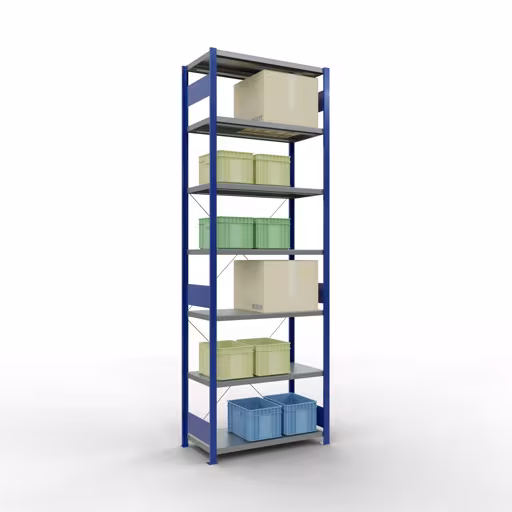 Basisplank, legbord, insteeksysteem MULTIplus330, 3000 x 1000 x 500 mm (HxBxD), 7 legborden, kruisschoor, RAL 5010 gentiaanblauw/gegalvaniseerd van Schulte Lagertechnik met artikelnr. 13952-B
