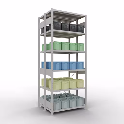 Productafbeelding nr. 6 van het artikel basisplank, dubbele plank, rekkensysteem MULTIplus250, 2500 x 1000 x (2x400) mm, 2x6 planken, kruisschoor, RAL 7035 lichtgrijs uit het rekkenprogramma van het merk Schulte Lagertechnik