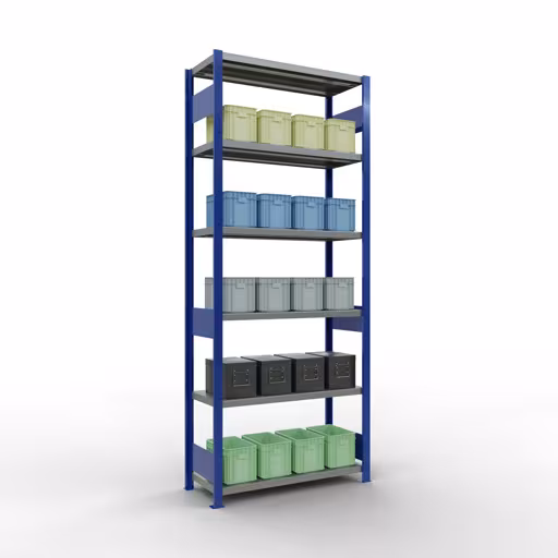 Productafbeelding nr. 14 van het artikel basisplank, legbord, insteeksysteem MULTIplus330, 2500 x 1000 x 400 mm (HxBxD), 6 legborden, lengtestangen, RAL 5010 gentiaanblauw/verzinkt Figuur nr. 14 van het artikel basisrek, legbord, insteeksysteem MULTIplus330, 2500 x 1000 x 400 mm, 6 legborden, lengtestangen, RAL 5010 gentiaanblauw/verzinkt uit de insteeksysteem productgroep van Schulte Lagertechnik.