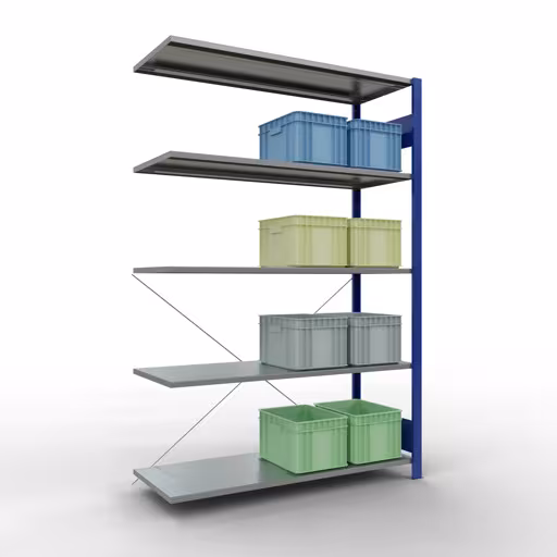 Andere weergave van het artikel Aanbouwplank, legbord, insteeksysteem MULTIplus150, 2000 x 1300 x 500 mm (HxBxD), 5 legborden, kruisschoor, RAL 5010 gentiaanblauw/verzinkt Andere weergave van het artikel Aanbouwplank, legbord, insteeksysteem MULTIplus150, 2000 x 1300 x 500 mm, 5 legborden, RAL 5010 gentiaanblauw/verzinkt uit de categorie insteeksysteem